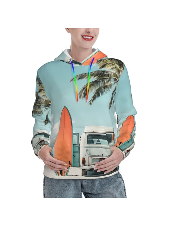 Vintage Surf Van Beach Print Womens Oversized Hoodies Sweatshirts Hooded Pullover Tops Sweaters Casual-Medium