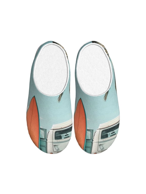 Vintage Surf Van Beach Women's Men's Slippers Plush Slip-On House Slipper for Winter Indoor Soft Cushion Non-slip Fluffy Slides Slippers-46/47