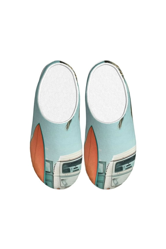Vintage Surf Van Beach Women's Men's Slippers Plush Slip-On House Slipper for Winter Indoor Soft Cushion Non-slip Fluffy Slides Slippers-46/47