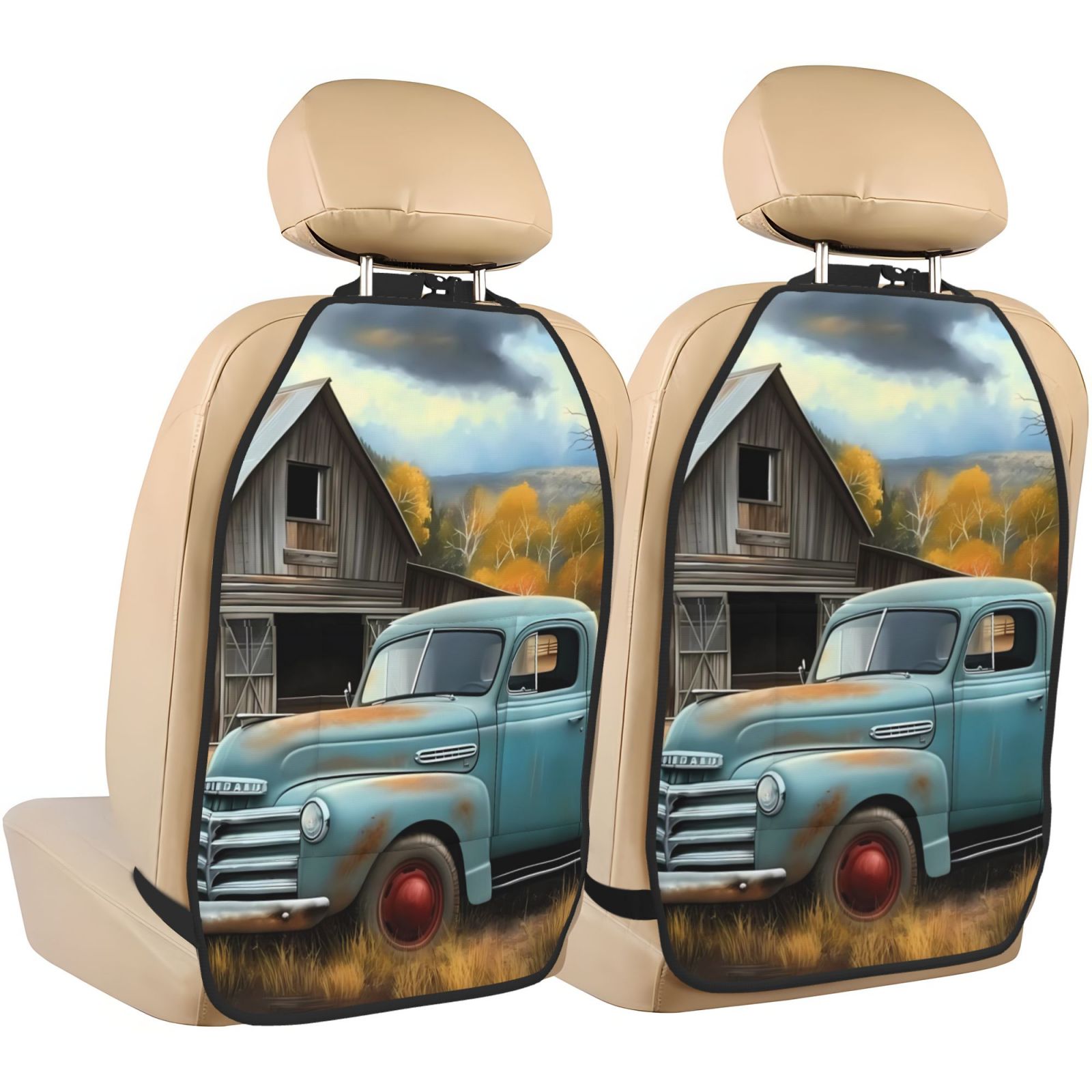 Kdxio Vintage Truck Farm Scene Print 2 Pack Car Kick Mat Seat Cover Back Protector Mat with Pockets for Organizer Backseat Protector and Storage Anti Kick Pad for Vehicles