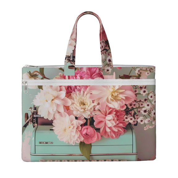Kdxio Vintage Typewriter Floral File Tote Document Bag Business Briefcase Bag Document Organizer Tote Briefcase for Letter A4 Files Business Teacher Office Bag