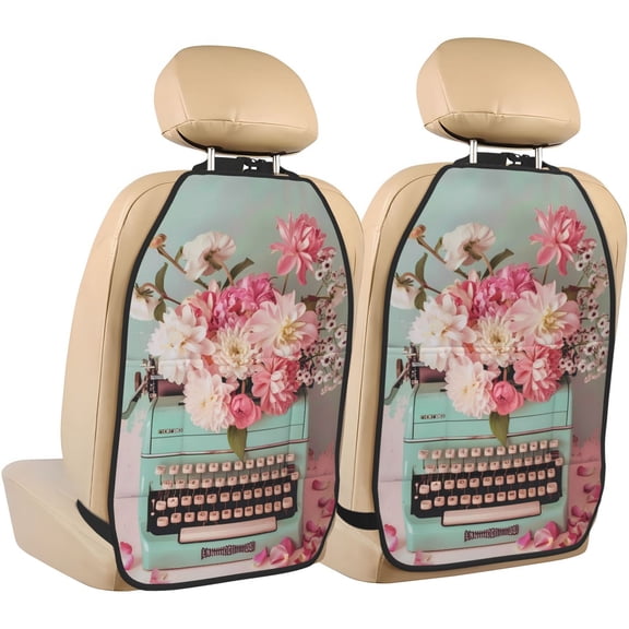 Kdxio Vintage Typewriter Floral Print 2 Pack Car Kick Mat Seat Cover Back Protector Mat with Pockets for Organizer Backseat Protector and Storage Anti Kick Pad for Vehicles