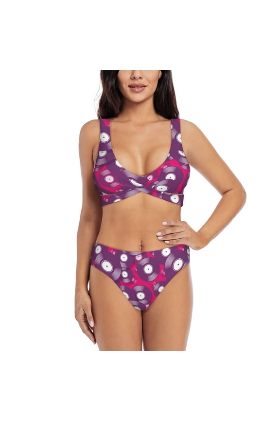 Vintage Vinyl Record Print Women's 2 Piece High Waisted Wrap Spaghetti Strap Summer Swimsuit Bikini Set-Medium