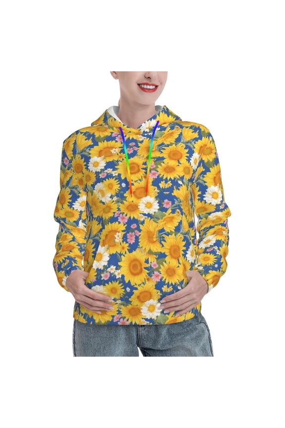 Vintage White Yellow Sunflower Print Womens Oversized Hoodies Sweatshirts Hooded Pullover Tops Sweaters Casual-Medium