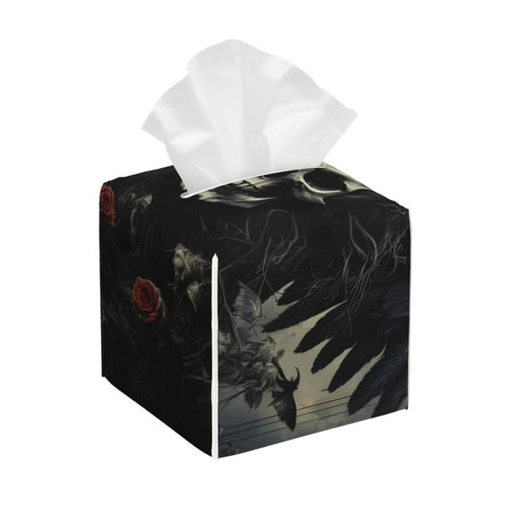 Kdxio Vintage Winged Rose Skull Print Tissue Box Cover,Square Decorative PU Leather Facial Paper Case Organizer Holder Dispenser for Bathroom,Night Stands,Desk,Car 5.2''X5.2''X5.2''