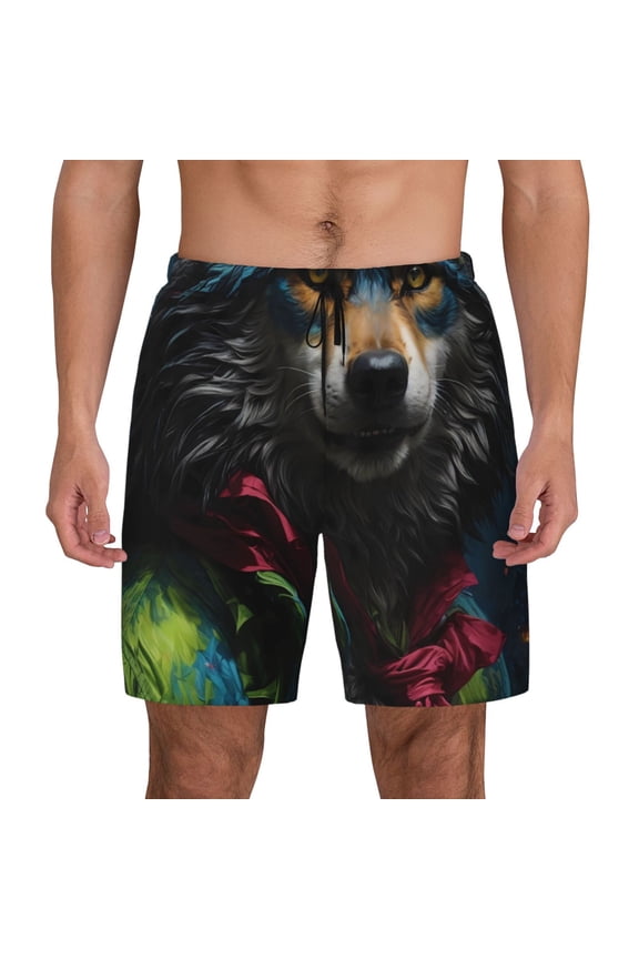 Vintage Wolf Warrior Print Men's Swim Trunks with Compression Liner 7 Inch Inseam Quick Dry Swim Shorts