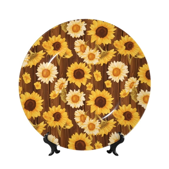 Kdxio Vintage Wood Grain Sunflower A Bone China Decorative Plate Ceramic Decorative Plate for Home Office Wall Stand Decorative Plates for Home Bedroom-8in