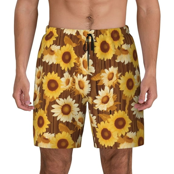 Kdxio Vintage Wood Grain Sunflower B Print Men's Swim Trunks with Compression Liner 7 Inch Inseam Quick Dry Swim Shorts