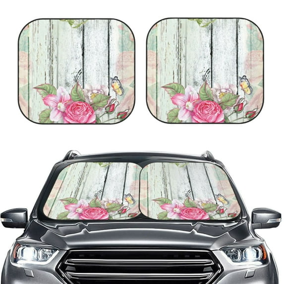 Kdxio Vintage Wood With Floral Print 2-Piece Sun Shade Front Windshield - Foldable Car Front Window Sunshades For Most Sedans Suv Truck