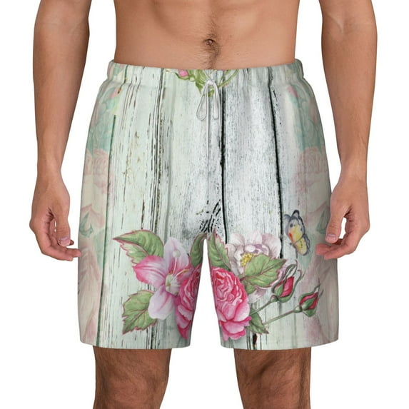 Kdxio Vintage Wood With Floral Print Men'S Swim Trunks With Compression Liner 7 Inch Inseam Quick Dry Swim Shorts