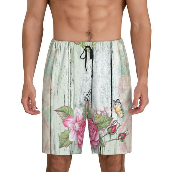 Kdxio Vintage Wood with Floral Print Mens Sleep Shorts Bottoms Soft Comfy Pajama Wear Pants with Drawstring Pockets