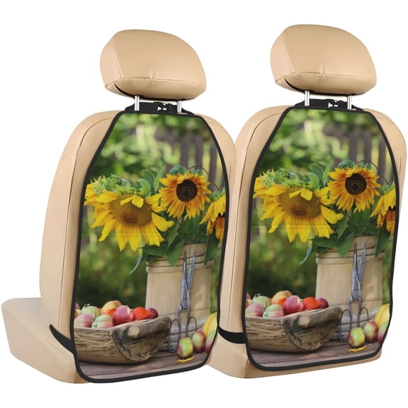 Kdxio Vintage Wooden Bucket Print 2 Pack Car Kick Mat Seat Cover Back Protector Mat with Pockets for Organizer Backseat Protector and Storage Anti Kick Pad for Vehicles