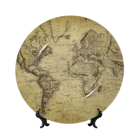 Kdxio Vintage World Map Bone China Decorative Plate Ceramic Decorative Plate for Home Office Wall Stand Decorative Plates for Home Bedroom-10in