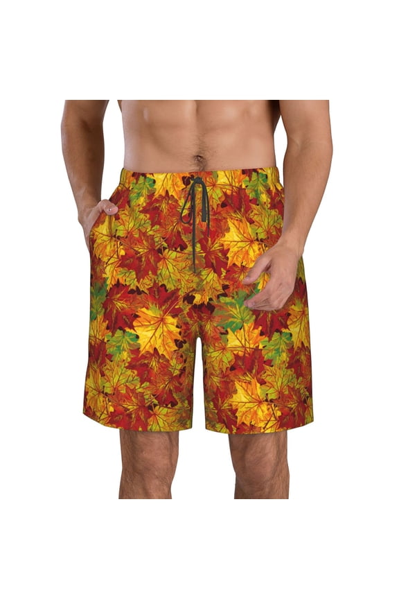 Vintage maple leaf autumn Pattern Mens Casual Shorts - Drawstring Summer Beach Sports Shorts for Men