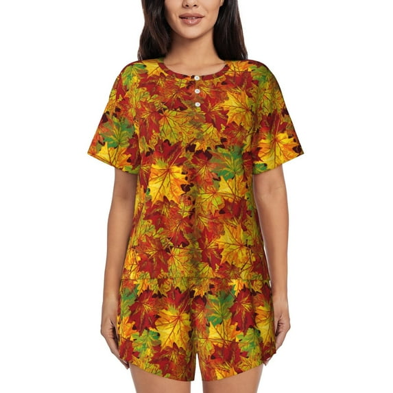 Kdxio Vintage maple leaf autumn Print Pajamas Sets for Women Short-Sleeved Pjs with Lounge Shorts Two Piece Sleepwear S-4XL