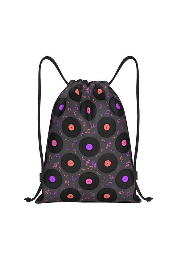 Vinyl Records Musical Notes Print Drawstring Backpack Bag,Waterproof Draw String Back Sack, Gym Drawstring Bags Swim Bag For Unisex