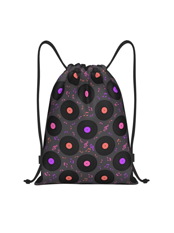 Vinyl Records Musical Notes Print Drawstring Backpack Bag,Waterproof Draw String Back Sack, Gym Drawstring Bags Swim Bag For Unisex