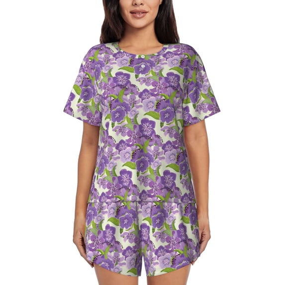 Kdxio Violets Flowers Print Pajamas Sets for Women Short-Sleeved Pjs with Lounge Shorts Two Piece Sleepwear S-4XL
