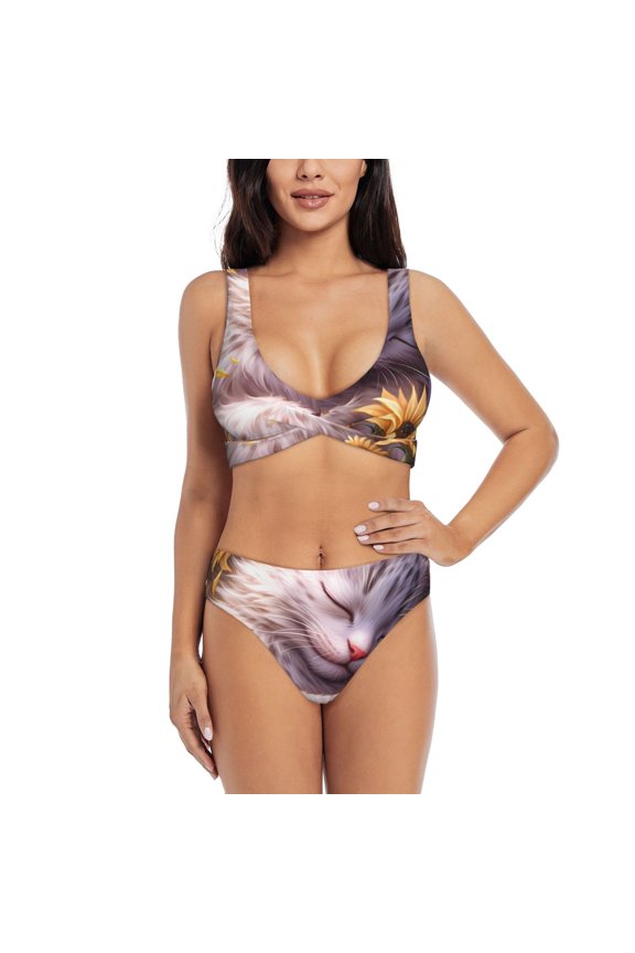 Warm Sunflower Sleeping Cat Print Women's 2 Piece High Waisted Wrap Spaghetti Strap Summer Swimsuit Bikini Set-Large