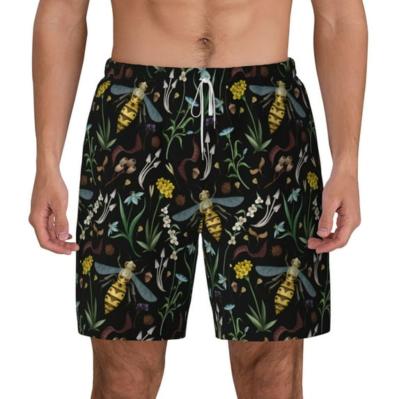Kdxio Wasp And Florals Print Men'S Swim Trunks With Compression Liner 7 Inch Inseam Quick Dry Swim Shorts