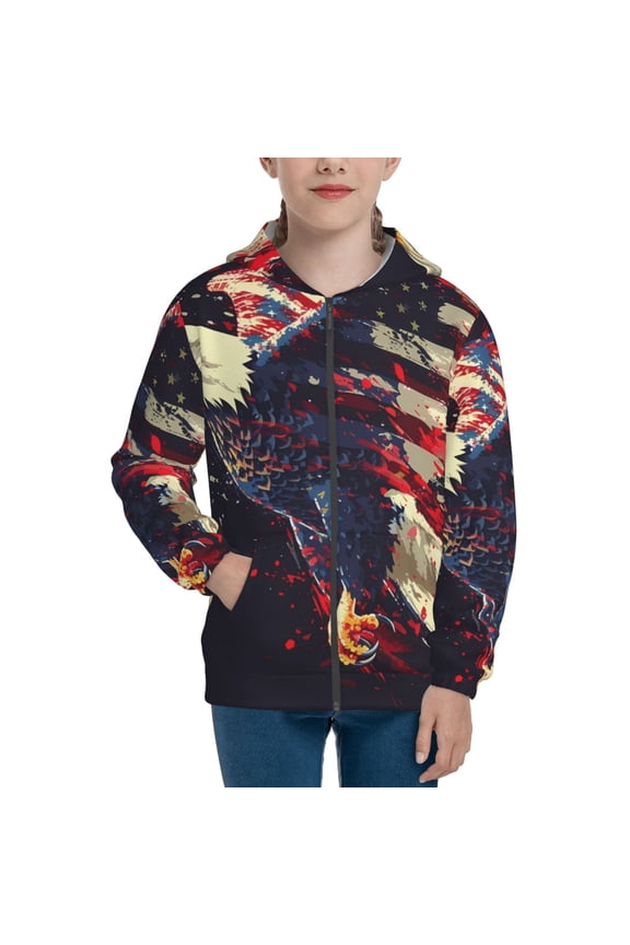 Watercolor Bald Eagle Pattern Kids Boys Girls Zip Up Hoodie 3D Printed Hooded Sweatshirt Hoody Coat with Pocket 7-12 Y-Small