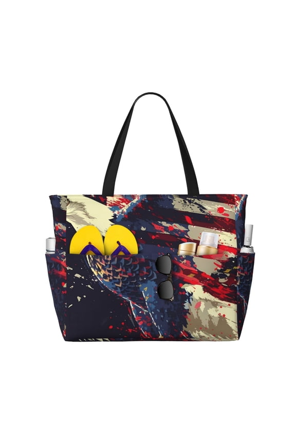 Watercolor Bald Eagle for Beach Bag for Women Large Beach Tote Bag Waterproof Sandproof Swim Bag with Zipper Pockets Beach Vacation Travel