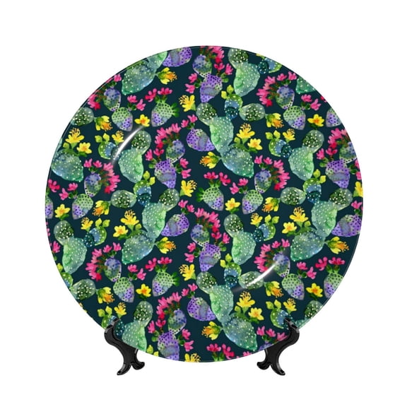 Kdxio Watercolor Cactuses Bone China Decorative Plate Ceramic Decorative Plate for Home Office Wall Stand Decorative Plates for Home Bedroom-10in