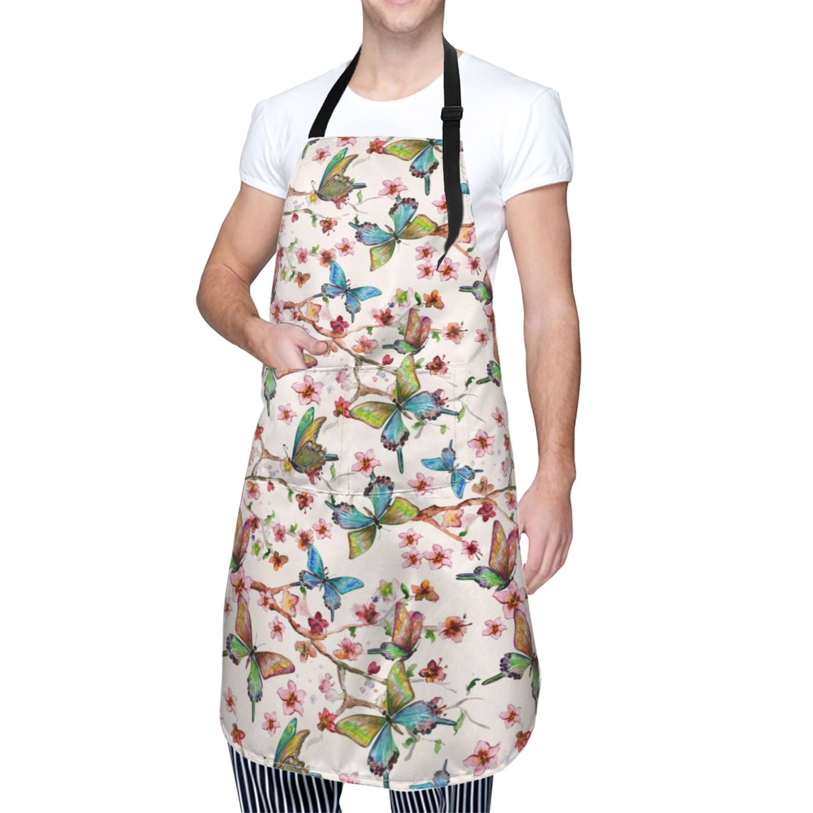 Kdxio Watercolor Floral With Butterflies Apron with Pockets Adjustable Kitchen Aprons for Men Women Waterproof Aprons for Cooking,Drawing,Crafting, Baking Household Cleaning