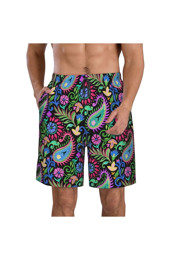Watercolor Floral Paisley Pattern Mens Casual Shorts - Drawstring Summer Beach Sports Shorts for Men