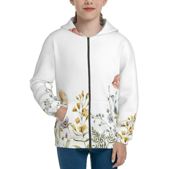 Kdxio Watercolor Floral Pattern Kids Boys Girls Zip Up Hoodie 3D Printed Hooded Sweatshirt Hoody Coat with Pocket 7-12 Y-Medium