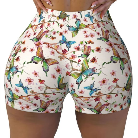 Kdxio Watercolor Floral With Butterflies Print Workout Shorts for Women Seamless Soft Smooth Gym Yoga Scrunch Active Shorts