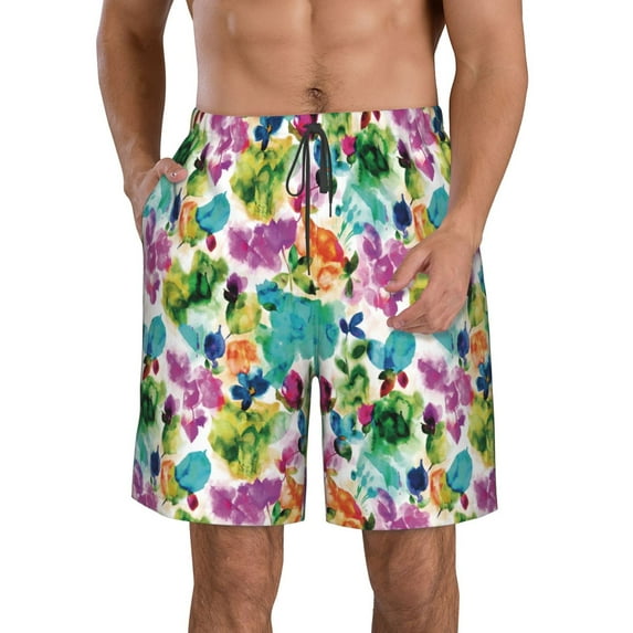 Kdxio Watercolor Flowers Pattern Mens Casual Shorts - Drawstring Summer Beach Sports Shorts for Men
