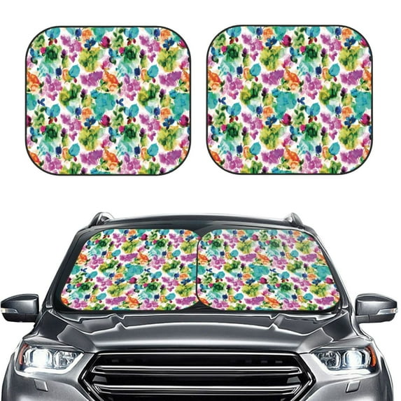 Kdxio Watercolor Flowers Print 2-Piece Sun Shade Front Windshield - Foldable Car Front Window Sunshades for Most Sedans SUV Truck