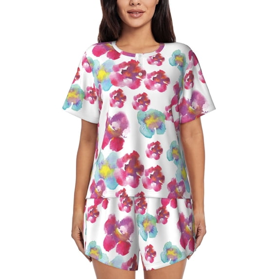 Kdxio Watercolor Flowers Print Pajamas Sets for Women Short-Sleeved Pjs with Lounge Shorts Two Piece Sleepwear S-4XL