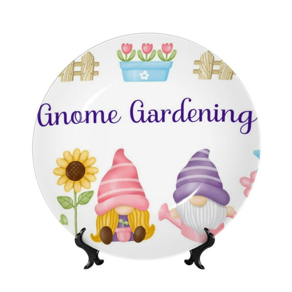 Kdxio Watercolor Gnome Garden Bone China Decorative Plate Ceramic Decorative Plate for Home Office Wall Stand Decorative Plates for Home Bedroom-8in