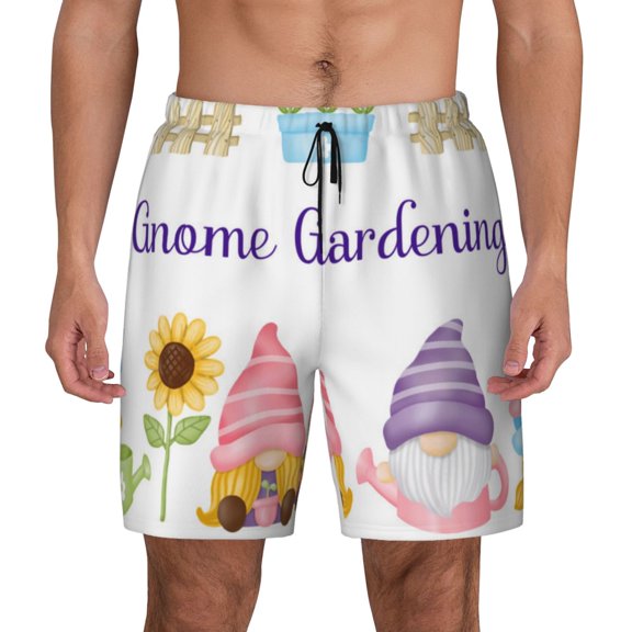 Kdxio Watercolor Gnome Garden Print Men's Swim Trunks with Compression Liner 7 Inch Inseam Quick Dry Swim Shorts