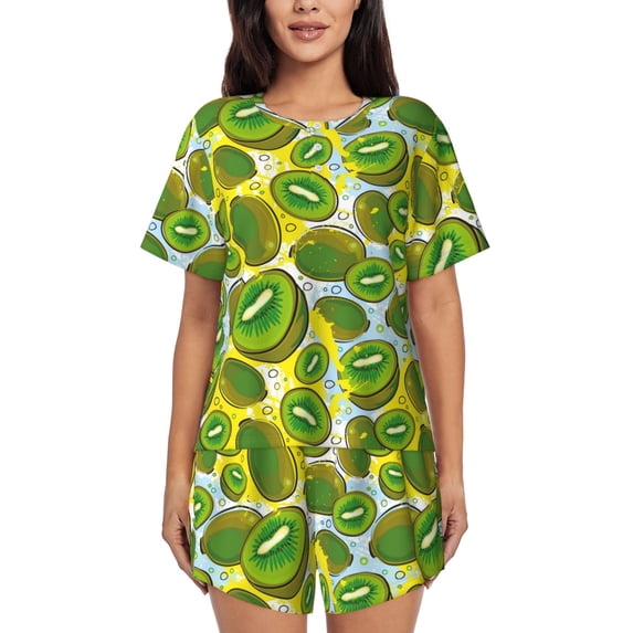 Kdxio Watercolor Kiwi Fruits Summer Print Pajamas Sets for Women Short-Sleeved Pjs with Lounge Shorts Two Piece Sleepwear S-4XL
