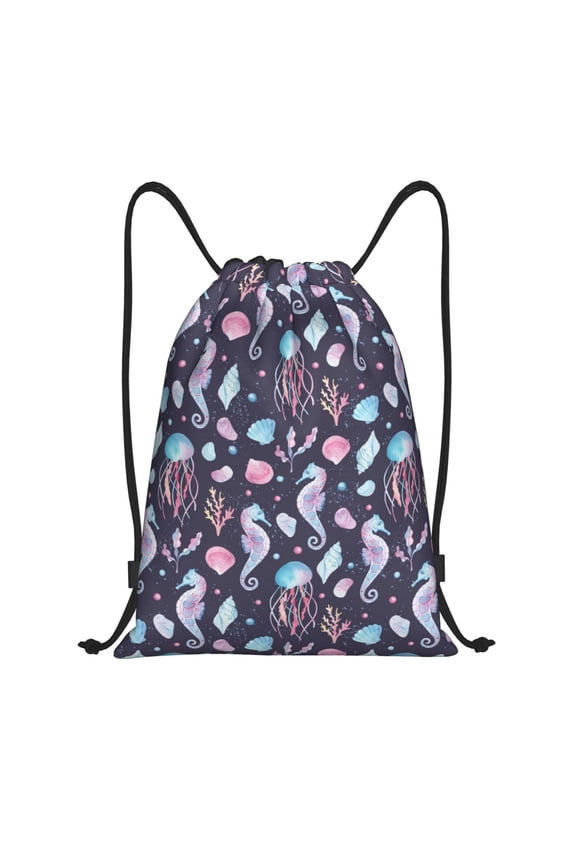 Watercolor Marine Animals Print Drawstring Backpack Bag,Waterproof Draw String Back Sack, Gym Drawstring Bags Swim Bag For Unisex