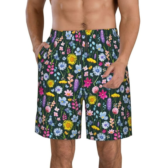 Kdxio Watercolor Meadow Flowers Pattern Mens Casual Shorts - Drawstring Summer Beach Sports Shorts for Men