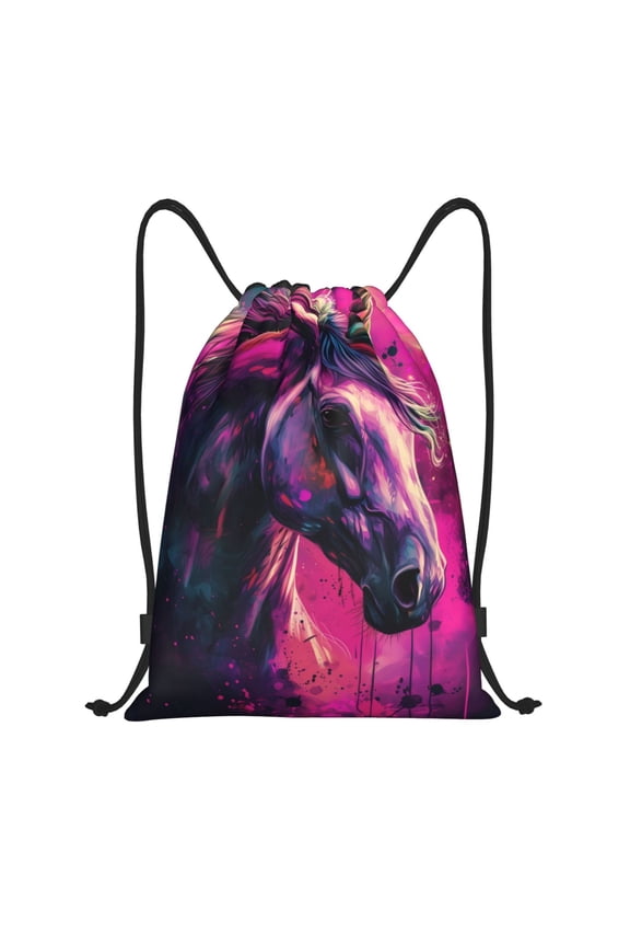 Watercolor Painting White Horse Print Drawstring Backpack Bag,Waterproof Draw String Back Sack, Gym Drawstring Bags Swim Bag For Unisex
