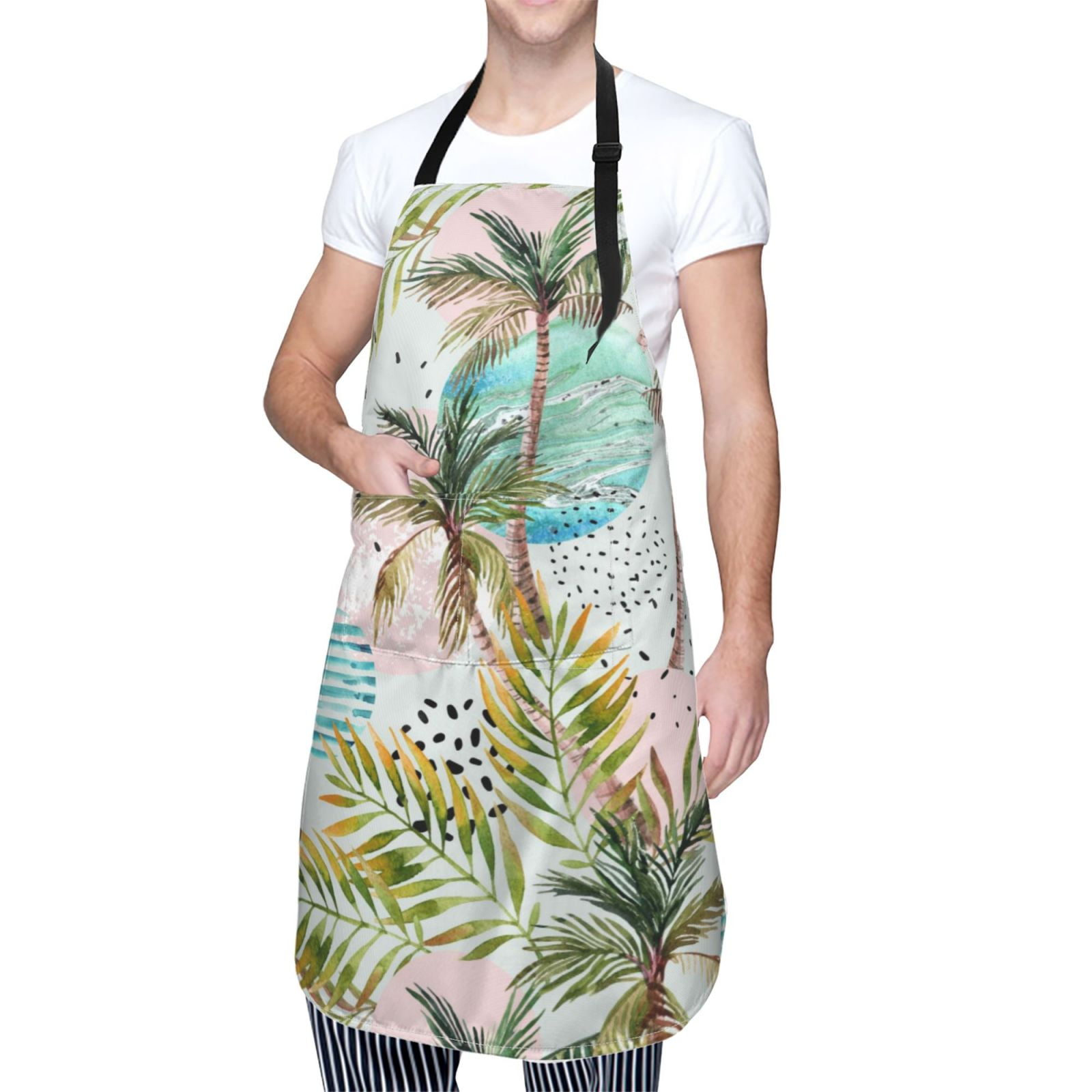Kdxio Watercolor Palm Tree Apron with Pockets Adjustable Kitchen Aprons for Men Women Waterproof Aprons for Cooking,Drawing,Crafting, Baking Household Cleaning