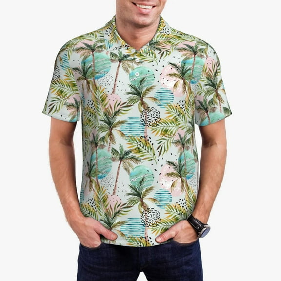 Kdxio Watercolor Palm Tree Print Men's Short Sleeve Polo Shirt,Midweight Men's Shirt