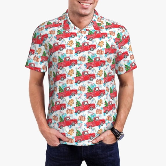 Kdxio Watercolor Red Truck And Fir Tree Print Men's Short Sleeve Polo Shirt,Midweight Men's Shirt