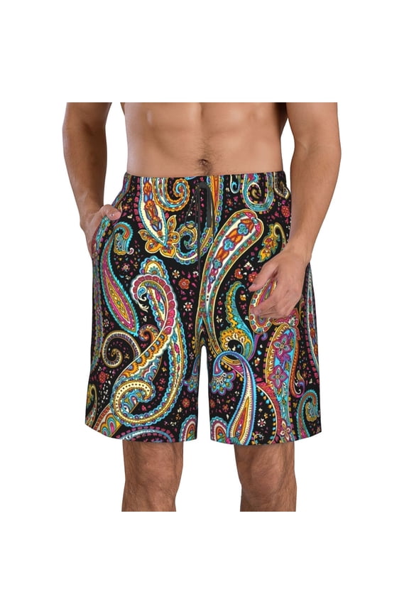 Watercolor Romantic Paisley Pattern Mens Casual Shorts - Drawstring Summer Beach Sports Shorts for Men