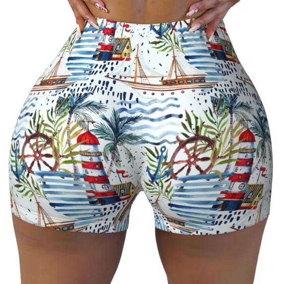 Kdxio Watercolor Sailboat Print Workout Shorts for Women Seamless Soft Smooth Gym Yoga Scrunch Active Shorts