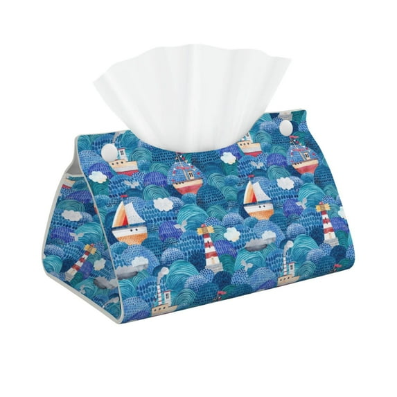 Kdxio Watercolor Ships Print Tissue Box Cover,Modern PU Leather Rectangular Tissue Box Holder for Bathroom Living Room Bedroom Office Desk Car Home