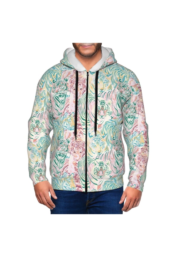 Watercolor Tiger Print Men Hoodies Casual Hoodies for Men with Zip Pockets Full Zip Long Sleeve Sweatshirt Sports Hooded Jacket-Large