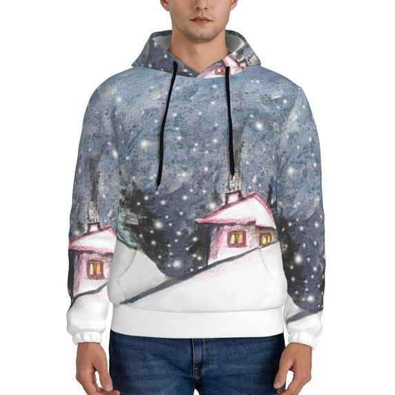 Kdxio Watercolor Winter Landscape For Christmas Print Mens Casual Hooded Collar Drawstring Hoodies Pullover Sweatshirts Casual Long Sleeve Shirts-Large
