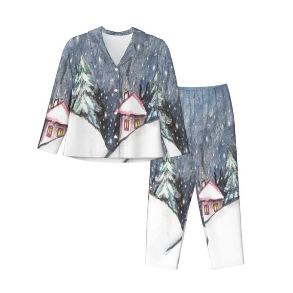 Kdxio Watercolor Winter Landscape For Christmas Women's Pajama Sets Long Sleeve Button Down Sleepwear Nightwear Soft Pjs Lounge Sets-Small
