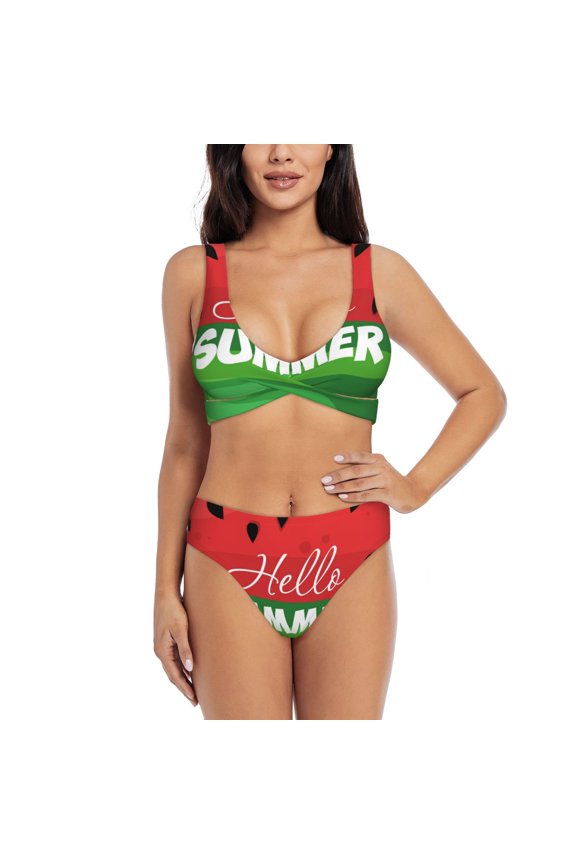 Watermelon Hello Summer Print Women's 2 Piece High Waisted Wrap Spaghetti Strap Summer Swimsuit Bikini Set-Small